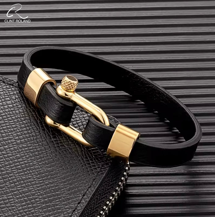 Pulsera de correa de cuero con hebilla de grillete de metal