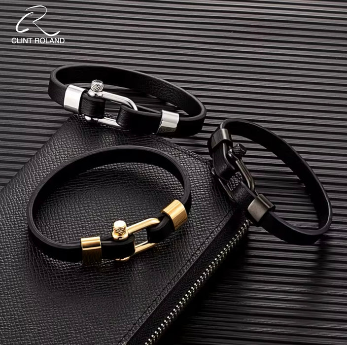 Leather strap bracelet with metal shackle buckle