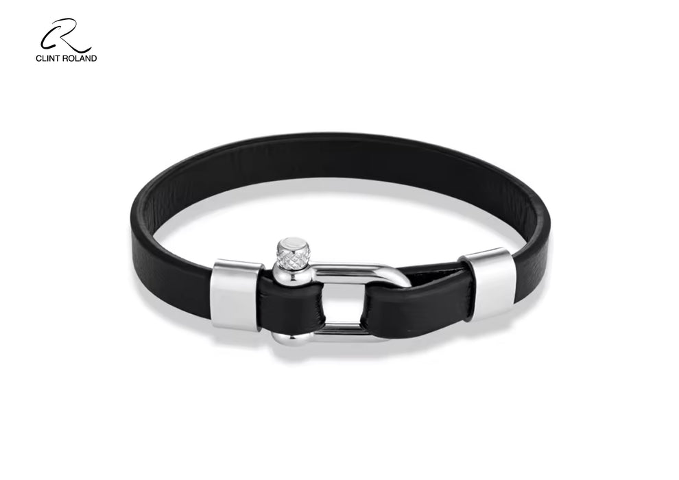Leather strap bracelet with metal shackle buckle