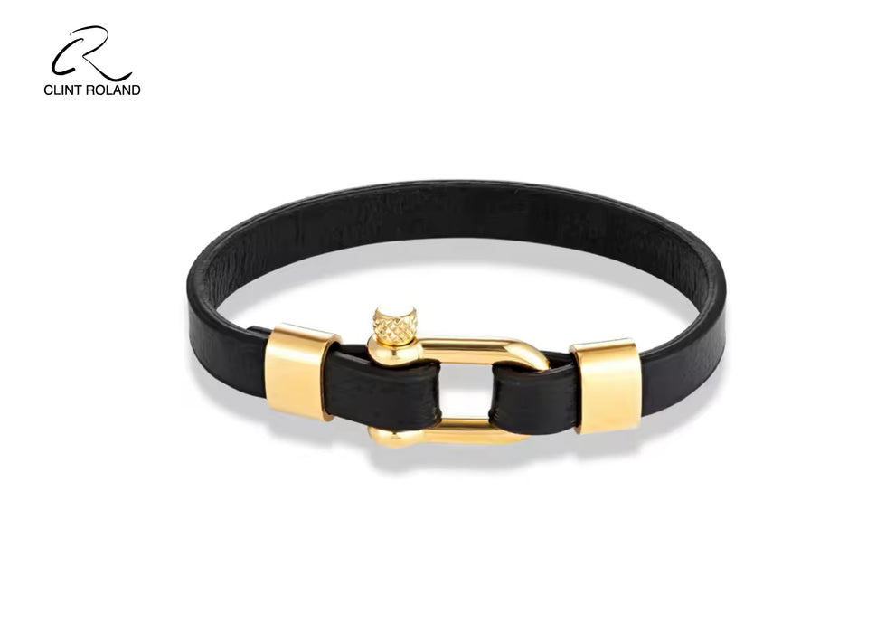 Leather strap bracelet with metal shackle buckle