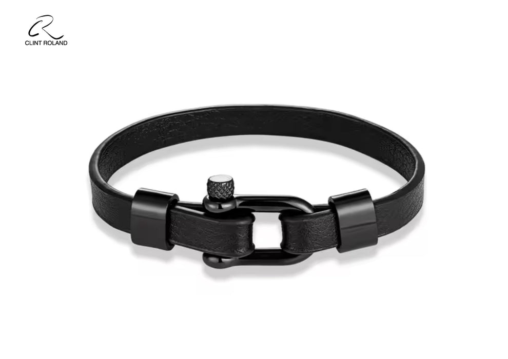 Leather strap bracelet with metal shackle buckle