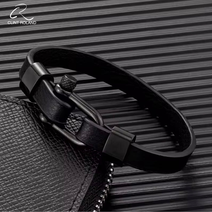 Leather strap bracelet with metal shackle buckle